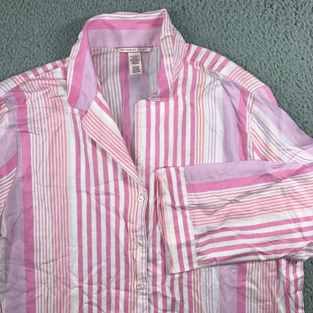 Victorias Secret PINK Pajama Top Women XL Button Front Long Stripped Long Sleeve